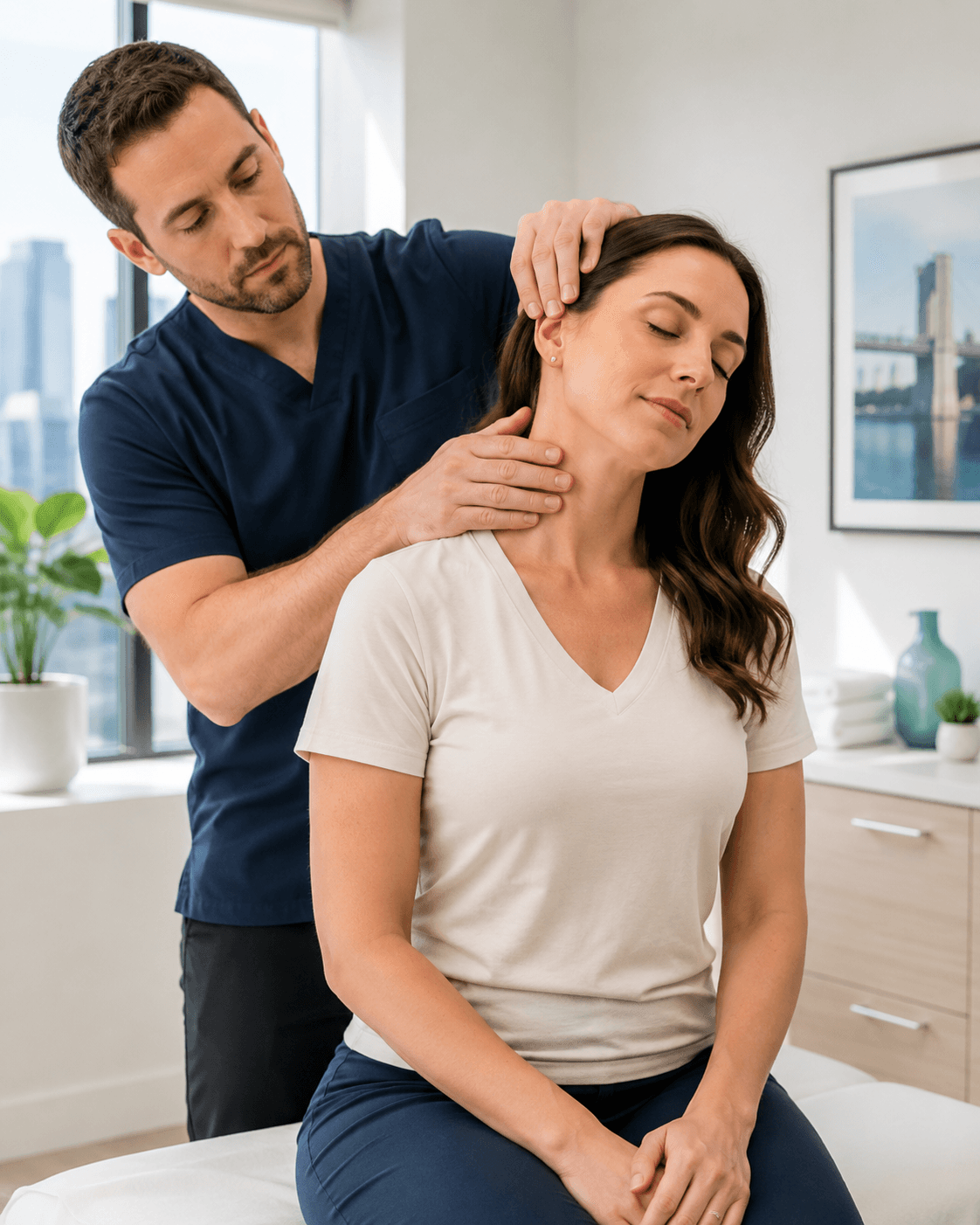 Chiropractor examining a car-accident patient's neck injury