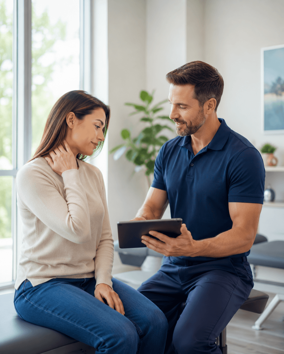 Chiropractor explaining an injury treatment plan to a patient with neck pain